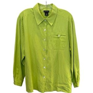 Dialogue Women's Lime Green Linen Blend Long Sleeve Button Down Shirt Sz L